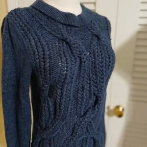 Joan Vass Small Navy Chunky-Cable-Knit Long-Sleeved Sweater Wool Blend